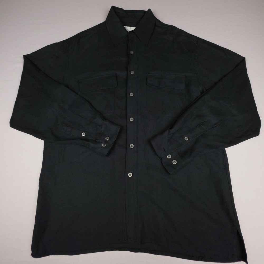 Bill Blass Silk Button Down Shirt Mens Large Black Long Sleeve 100% Silk